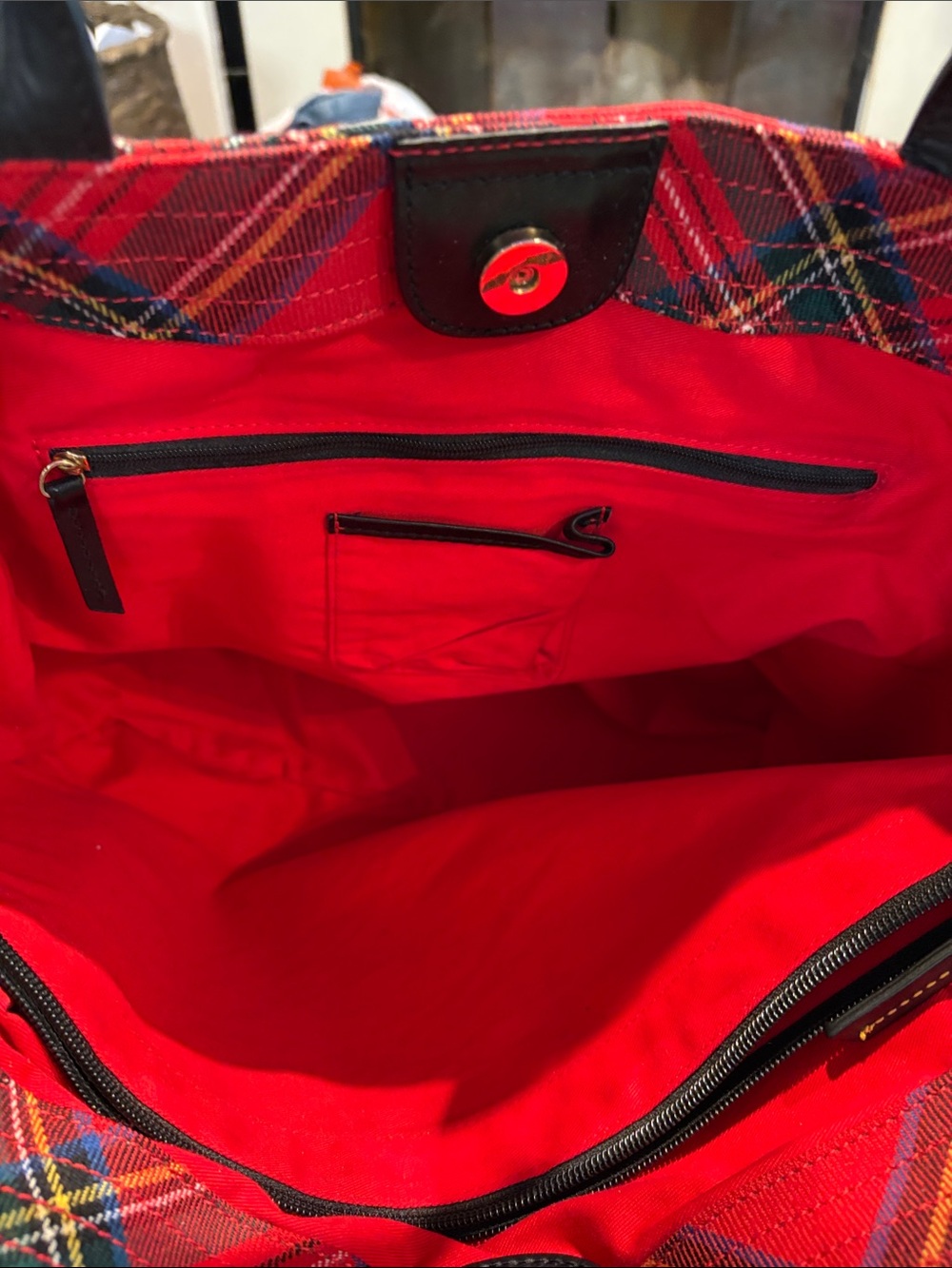 Dooney & Bourke Red Tartan Plaid Medium Tote Suede Leather Handbag - Picture 5 of 6